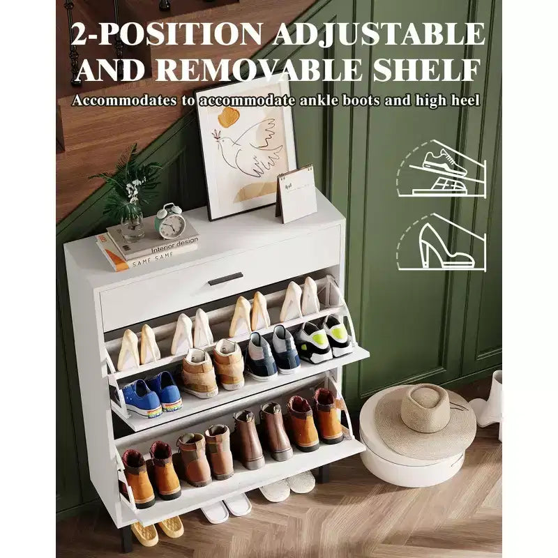 Shoe Storage Cabinet with Dual Flip Drawers, Space-Saving Shoe Organizer for Entryway, Hallway, Hidden Shoe Rack Cupboard, Freestanding Style