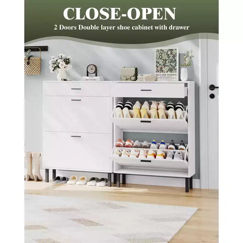 Shoe Storage Cabinet with Dual Flip Drawers, Space-Saving Shoe Organizer for Entryway, Hallway, Hidden Shoe Rack Cupboard, Freestanding Style