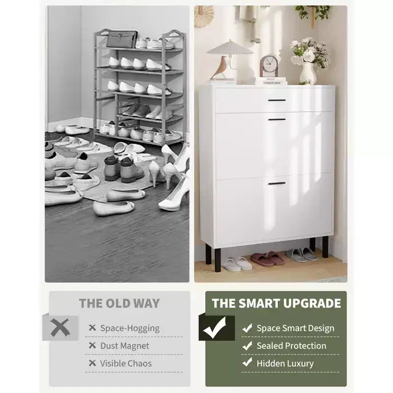 Shoe Storage Cabinet with Dual Flip Drawers, Space-Saving Shoe Organizer for Entryway, Hallway, Hidden Shoe Rack Cupboard, Freestanding Style