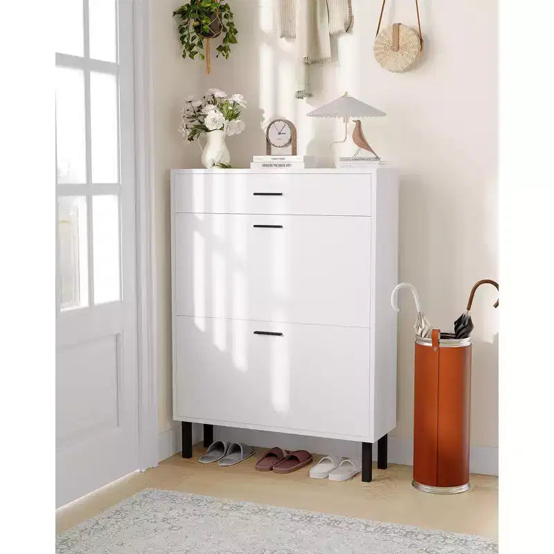 Shoe Storage Cabinet with Dual Flip Drawers, Space-Saving Shoe Organizer for Entryway, Hallway, Hidden Shoe Rack Cupboard, Freestanding Style