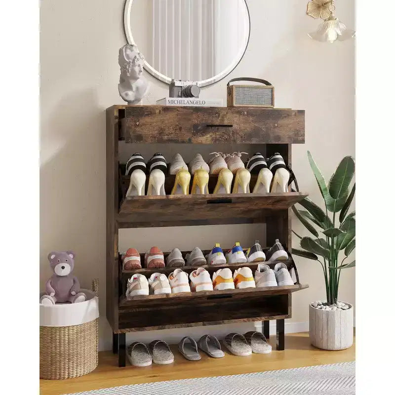 Shoe Storage Cabinet with Dual Flip Drawers, Space-Saving Shoe Organizer for Entryway, Hallway, Hidden Shoe Rack Cupboard, Freestanding Style