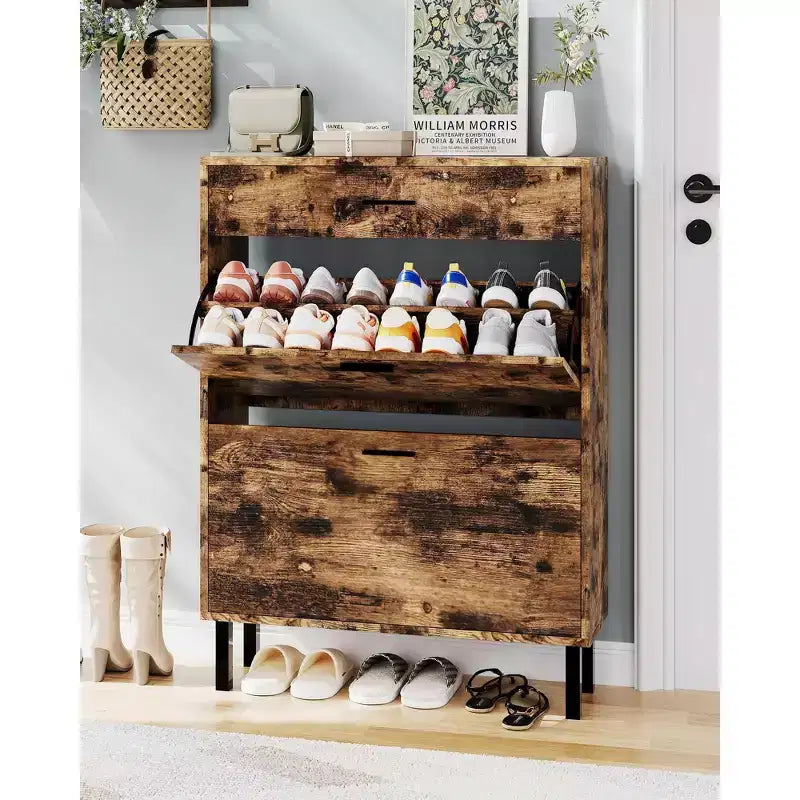 Shoe Storage Cabinet with Dual Flip Drawers, Space-Saving Shoe Organizer for Entryway, Hallway, Hidden Shoe Rack Cupboard, Freestanding Style