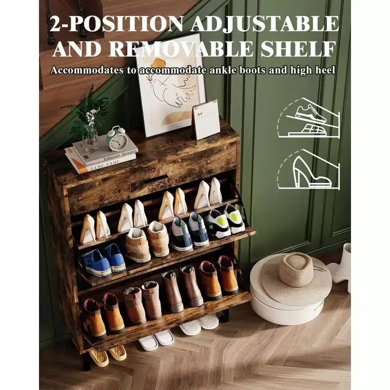 Shoe Storage Cabinet with Dual Flip Drawers, Space-Saving Shoe Organizer for Entryway, Hallway, Hidden Shoe Rack Cupboard, Freestanding Style