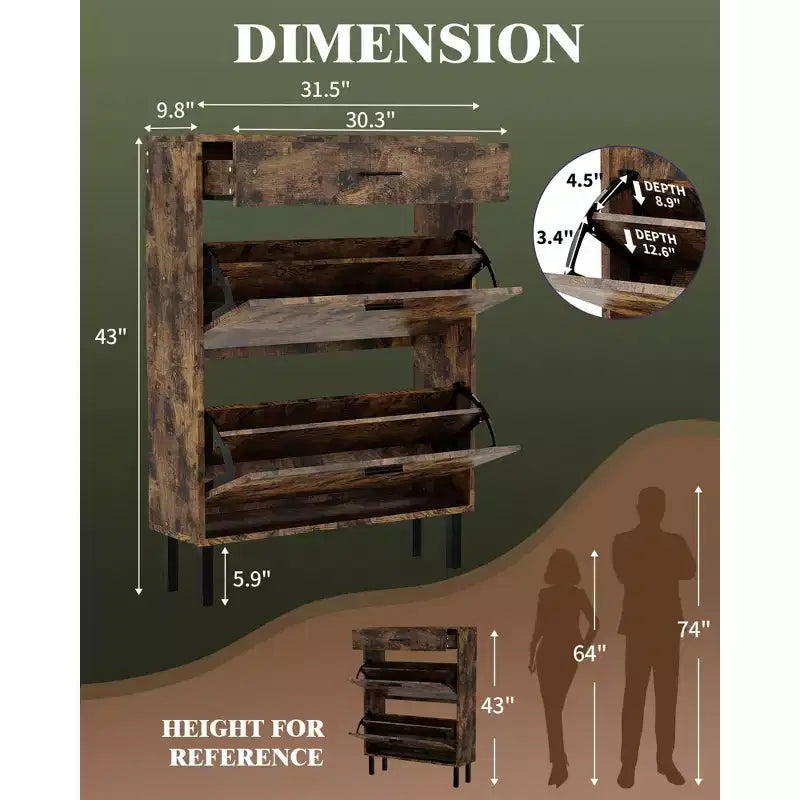 Shoe Storage Cabinet with Dual Flip Drawers, Space-Saving Shoe Organizer for Entryway, Hallway, Hidden Shoe Rack Cupboard, Freestanding Style