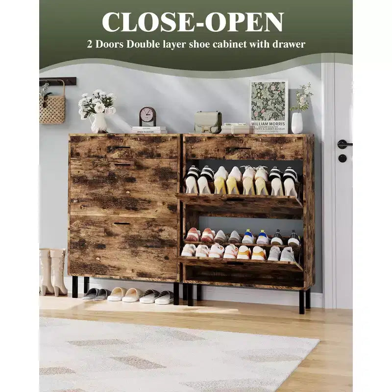 Shoe Storage Cabinet with Dual Flip Drawers, Space-Saving Shoe Organizer for Entryway, Hallway, Hidden Shoe Rack Cupboard, Freestanding Style