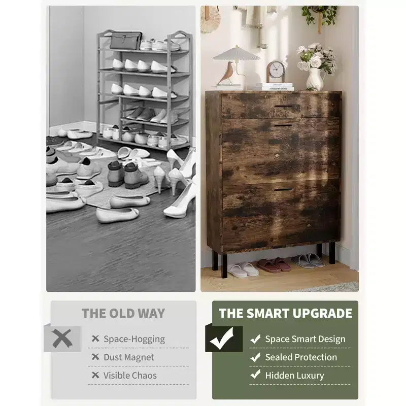 Shoe Storage Cabinet with Dual Flip Drawers, Space-Saving Shoe Organizer for Entryway, Hallway, Hidden Shoe Rack Cupboard, Freestanding Style