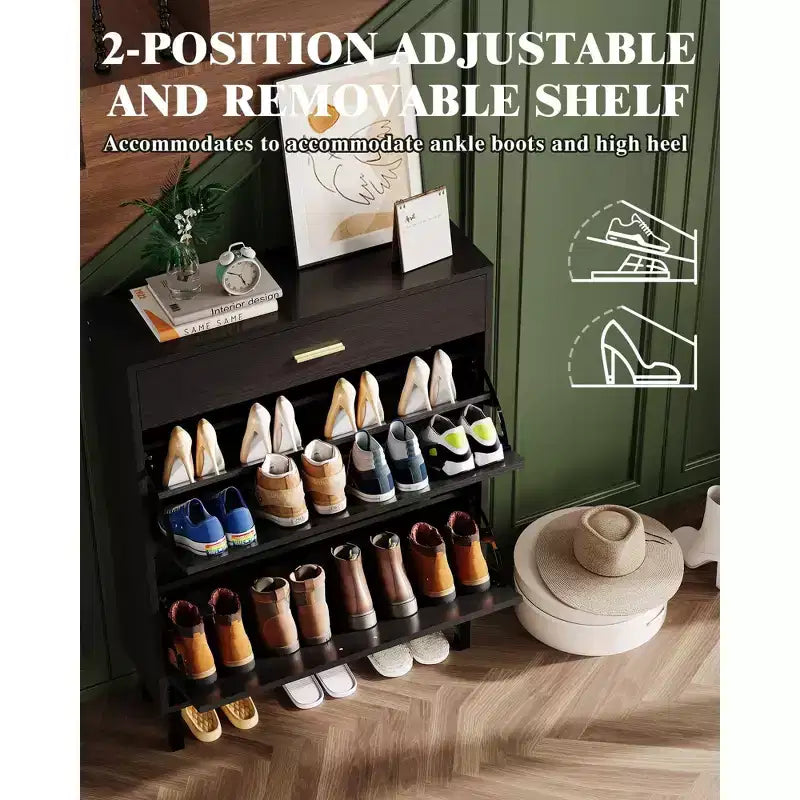 Shoe Storage Cabinet with Dual Flip Drawers, Space-Saving Shoe Organizer for Entryway, Hallway, Hidden Shoe Rack Cupboard, Freestanding Style