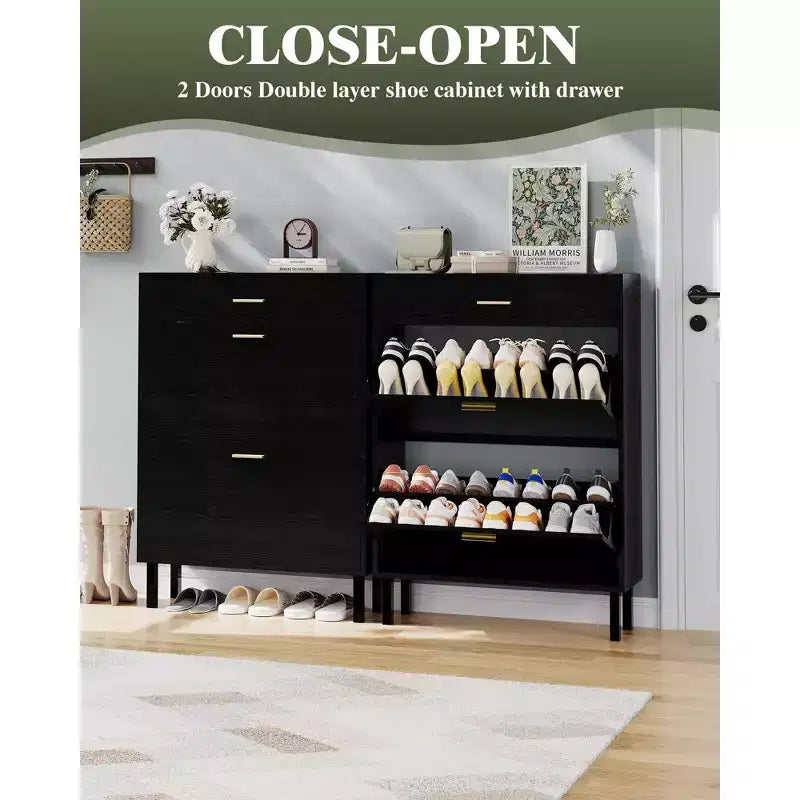Shoe Storage Cabinet with Dual Flip Drawers, Space-Saving Shoe Organizer for Entryway, Hallway, Hidden Shoe Rack Cupboard, Freestanding Style