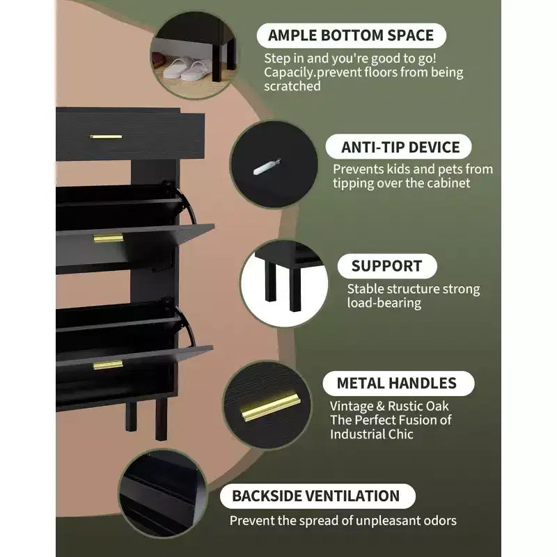 Shoe Storage Cabinet with Dual Flip Drawers, Space-Saving Shoe Organizer for Entryway, Hallway, Hidden Shoe Rack Cupboard, Freestanding Style