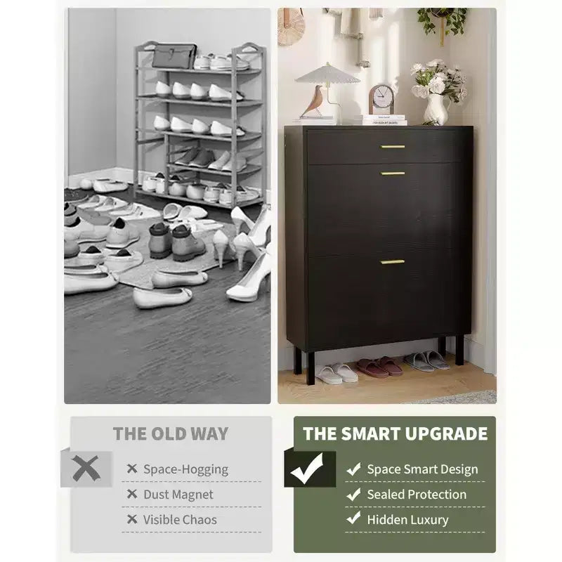 Shoe Storage Cabinet with Dual Flip Drawers, Space-Saving Shoe Organizer for Entryway, Hallway, Hidden Shoe Rack Cupboard, Freestanding Style