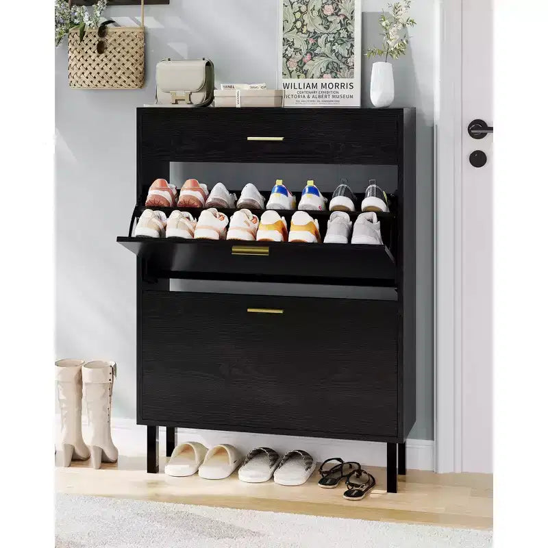 Shoe Storage Cabinet with Dual Flip Drawers, Space-Saving Shoe Organizer for Entryway, Hallway, Hidden Shoe Rack Cupboard, Freestanding Style
