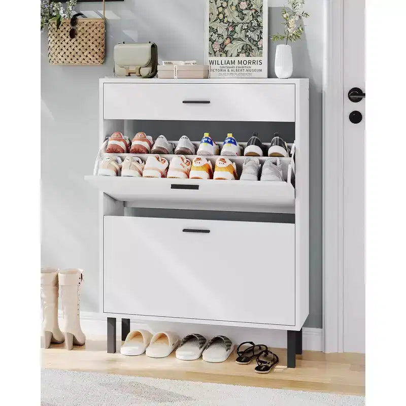 Shoe Storage Cabinet with Dual Flip Drawers, Space-Saving Shoe Organizer for Entryway, Hallway, Hidden Shoe Rack Cupboard, Freestanding Style