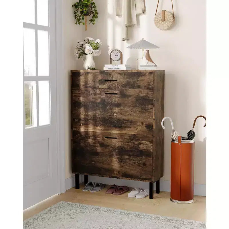 Shoe Storage Cabinet with Dual Flip Drawers, Space-Saving Shoe Organizer for Entryway, Hallway, Hidden Shoe Rack Cupboard, Freestanding Style
