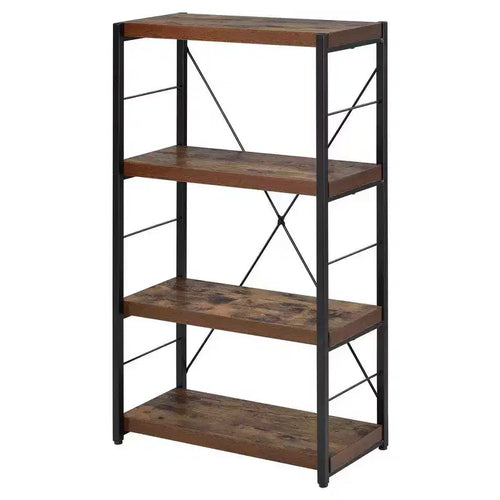 Royal Hampton 4 Tiered Metal Framed Wooden Bookshelf, Weathered Oak Brown and Black