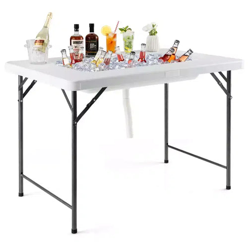 Costway 4 FT Folding Ice Bin Table Outdoor Ice Cooler Table w/ Matching Skirt Party BBQ