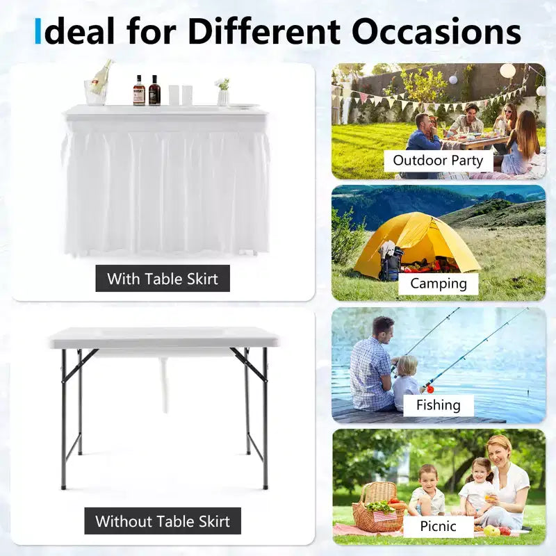 Costway 4 FT Folding Ice Bin Table Outdoor Ice Cooler Table w/ Matching Skirt Party BBQ